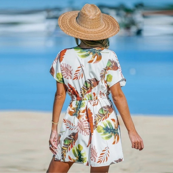 Women's Tropical Plunging Dolman Sleeve Cover-Up Mini Dress L - Picture 5 of 6